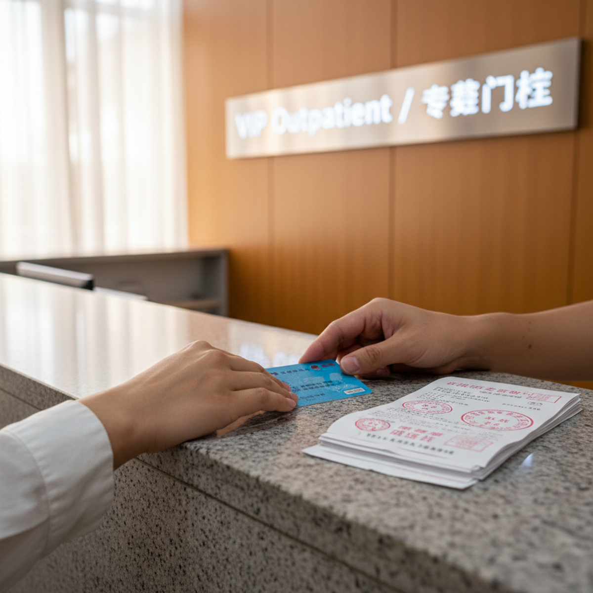 Health insurance for foreigners in China — a foreign patient presents a social-security card at a VIP outpatient counter
