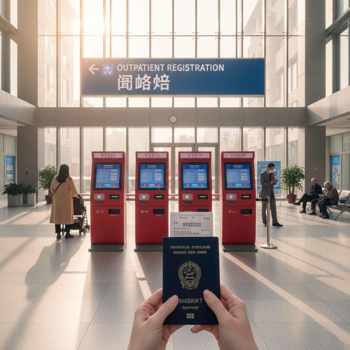 Foreigner with passport approaching the bilingual outpatient registration kiosks of a Tier-1 (3A) public hospital
